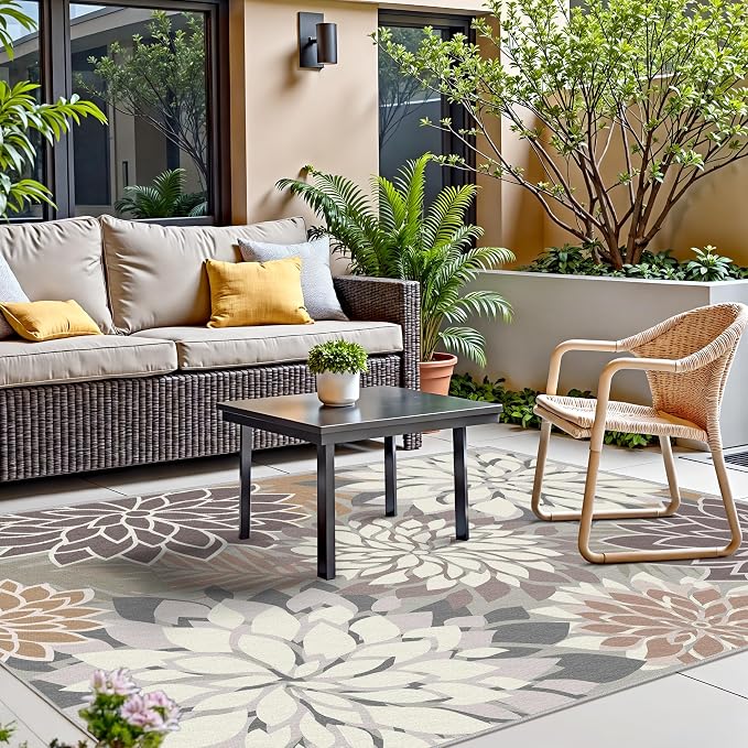 8x10 Outdoor Area Rug Washable Multicolored Patio Rug Tropical Botanical Floral Chenille Waterproof Outdoor Carpet Non-Slip for Deck, Backyard, Porch, Taupe
