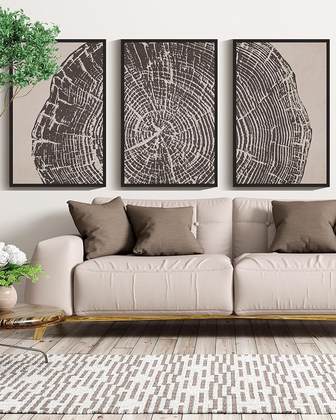 PHOPAGO Farmhouse Vintage Framed Wall Art Large 16x24in Set Gray Wood Tree Ring Spirals Nature Abstract Drawings Rustic Modern Art Decor for Living Room Bedroom - Black Framed