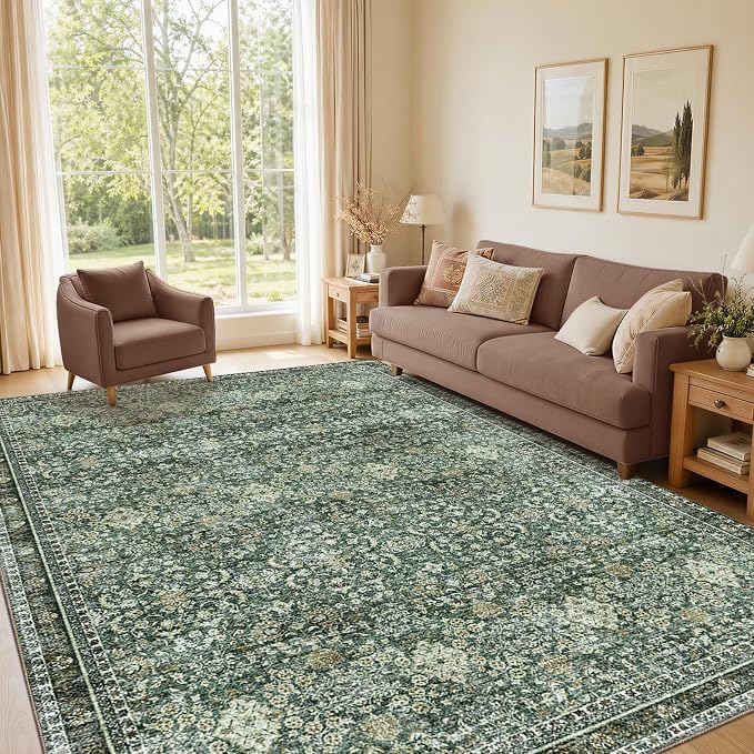 Sasttie 5x7 Area Rugs, Ultra-Soft Washable Rug, Low Pile Foldable Thin Carpets with Non-Slip Backing, Skin-Friendly Stain Resistant Carpet for Living Room, Bedroom, Kitchen, Dorm, 5x7, Dark Green