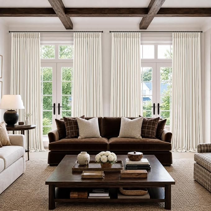 126 Inches Pleated Natural Linen Curtains 2 Panels Light Filtering Neutral Modern Pinch Pleat Curtains for High Ceiling Living Room with Rings Back Tab Memory Trained Aesthetic Burlap Door Drapes