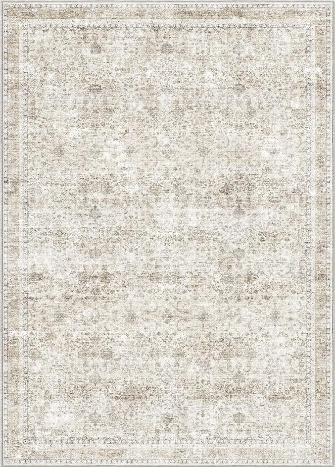 Sasttie 5x7 Area Rugs, Ultra-Soft Washable Rug, Low Pile Foldable Thin Carpets with Non-Slip Backing, Skin-Friendly Stain Resistant Carpet for Living Room, Bedroom, Kitchen, Dorm, 5x7, Beige