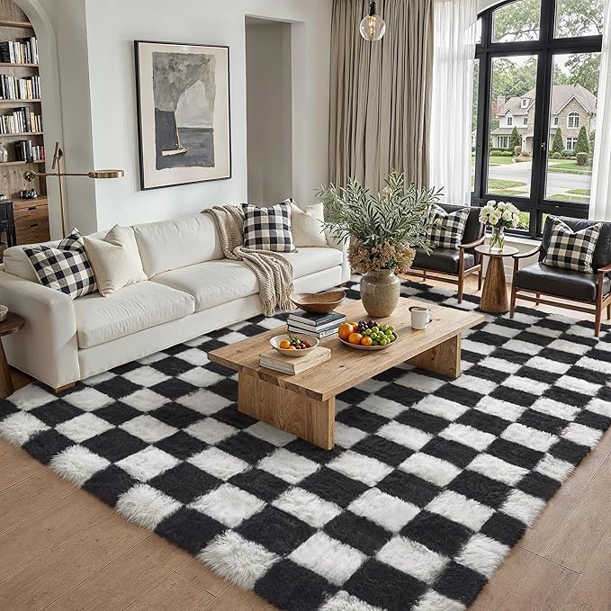 PureCozy Checkered Rug 5x7 for Living Room, Black and White Modern Shag Rugs Super Soft Washable Indoor Office Fuzzy Carpet Non-Slip Fluffy Rugs for Bedroom Home Aesthetic Decor