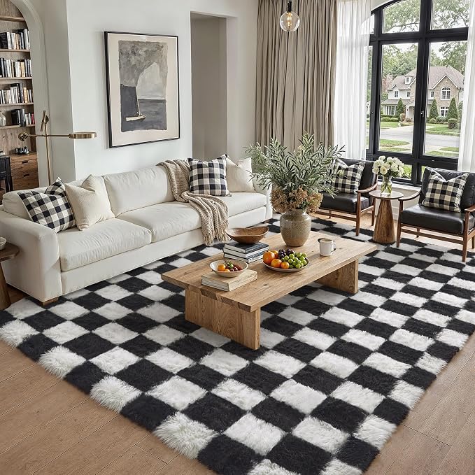 PureCozy Checkered Rug 8x10 for Living Room, Black and White Modern Shag Rugs Super Soft Washable Indoor Office Fuzzy Carpet Non-Slip Fluffy Rugs for Bedroom Home Aesthetic Decor