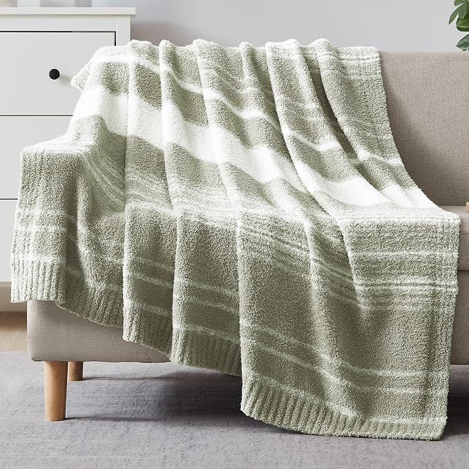 WRENSONGE Soft Twin Blanket for Bed-Cozy Warm Reversible Knitted Blankets | Lightweight Fluffy Decor for Women, Mom, Her & Girls, Sofa, Chair, Couch, 60x80in,Sage Green Stripe