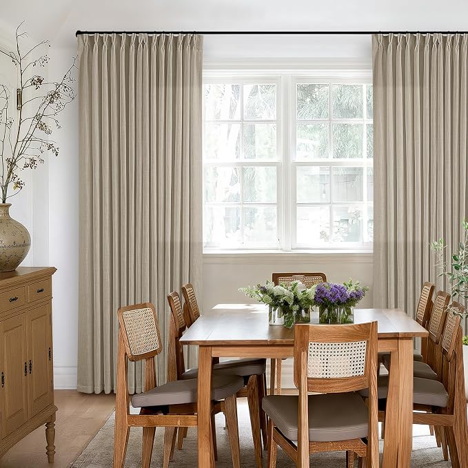 Neutral Pinch Pleated 96 Inch Curtains 2 Panels Set for Windows Flax Linen Textured Drapes Pinch Pleat Back Tab Privacy Light Filtering Greige Curtain Drape with Hooks Rings for Living Room Bedroom