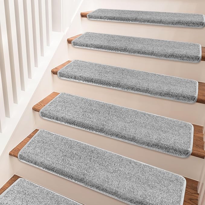PURE ERA Bullnose Carpet Stair Treads Set Tape Free Non-Slip Indoor Stair Protectors Pet Friendly Rugs Covers Soft Skid Resistant Washable Reusable 9.5" x 30"(14 Pieces,Light Gray)