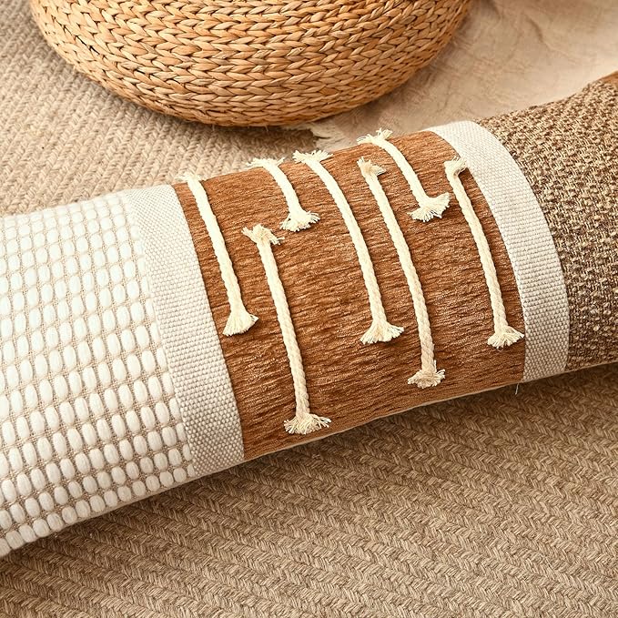 Decorative Lumbar Pillow Cover 12x28, Handwoven Boho Long Body Pillow for Bed Farmhouse Lumbar Throw Pillow, Cotton Linen Tassel Cushion Case for Sofa, Living Room, Bedroom(Light Brown)