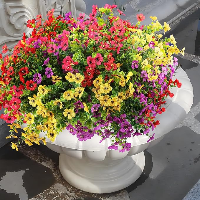 Rowfad 36 Bundles Artificial Flowers Outdoors UV Resistant Fake Plastic Spring Mum Flowers Colorful Silk Plants for Outside Porch Window Patio Home Decor(36, Red, Purple, Yellow, Rose Red)