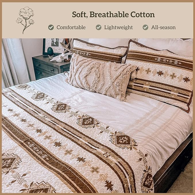 Paseo Road Dakota Queen Quilt Set, 3 Piece Rustic Western Bedding Set with Pillow Sham, Lightweight Reversible Cotton Quilt with Southwestern Aztec Pattern, Soft Breathable Cozy Boho Bedding