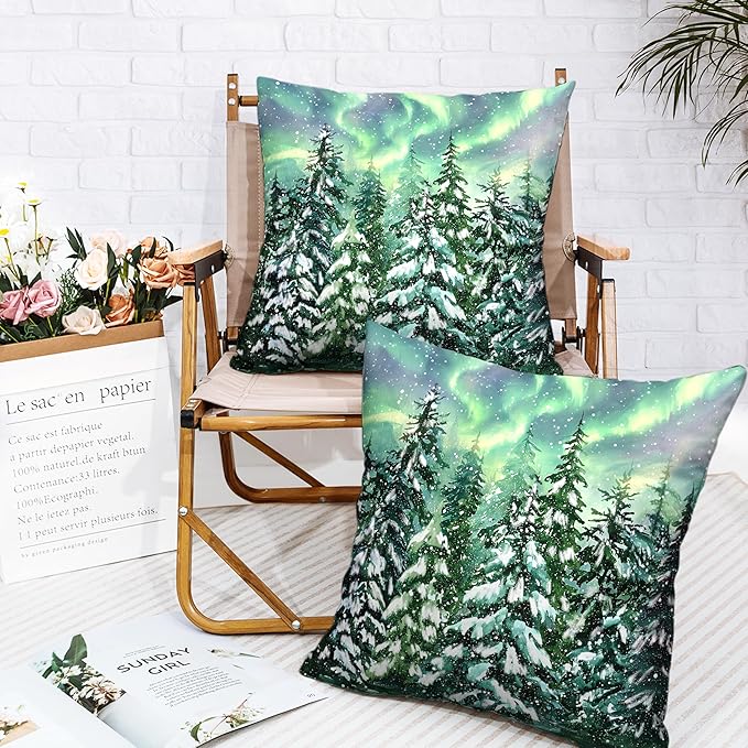 Winter Aurora Pillow Covers 20x20 Set of 2 Snowy Pine Tree Throw Pillow Covers Green Polar Light Forest Pillow Case Double Sided Printing Cushion Case for Home Decor Couch Sofa