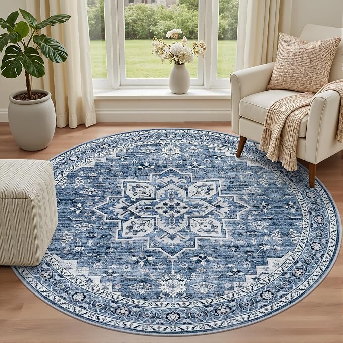 Round Area Rug for Living Room: 6ft Washable Vintage Boho Soft Thin Circle Rug Indoor Floor No Slip Stain Resistant Carpet for Bedroom Dining Room Farmhouse Nursery Home Office - Blue