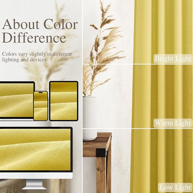 Nanspring Celery Yellow Linen Curtains 90 Inches Long 2 Panel Set Back Tab Rod Pocket Light Weight Semi Sheer Neutral Farmhouse Decor for Living Room and Bedroom 52x90