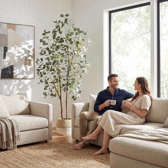 Warmplants Artificial Eucalyptus Tree, 7ft Tall Silk Leaves Fake Plant with Basket for Outdoor Indoor, 83'' Faux Eucalyptus Trees for Home Office Livingroom Floor Décor