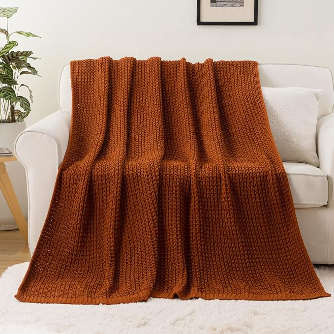 Bunnikins & Clover Knitted Waffle Blanket Throw, Fall Throw Blanket for Home Decoration, Caramel Throw Blanket for Couch, 50"x60"