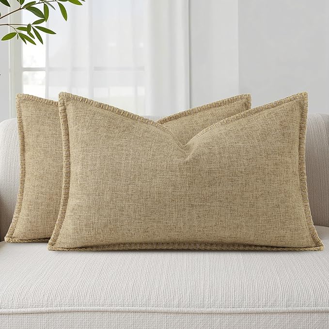 decorUhome Summer Decorative Throw Pillow Covers 12x20 Set of 2 Lumbar Faux Linen Farmhouse Pillow Covers with Stitched Edge Outdoor Neutral Pillow Covers for Couch Sofa Living Room, Khaki