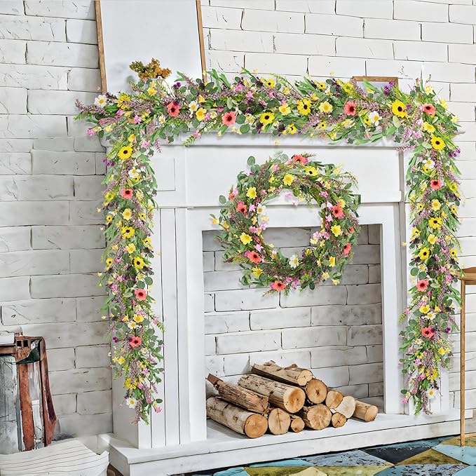 2pcs 6 ft Artificial Wildflower Garlands Wisteria Lavender Garland Daisy and Lavender Faux Floral Vine Summer Spring Floral Fake Garland All Year Round Home Decor for Indoor Outdoor Wedding Arch