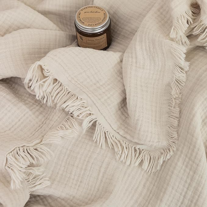 FOSSA Muslin Blanket 4-Layer 100% Cotton Gauze Blanket with Fringe 90"x90" | Super Soft Breathable Lightweight All Season & Decorative Blanket or Bed, Sofa, Office (Beige,Queen)