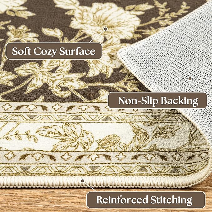 Brown Runner Rugs 2x6 for Hallway Kitchen Bedroom Beside Laundry Room Bathroom Rug Boho Modern Washable Non Slip Low Pile Stain Resistant Soft Long Carpet Mat Brown Cream Beige Floral Pattern