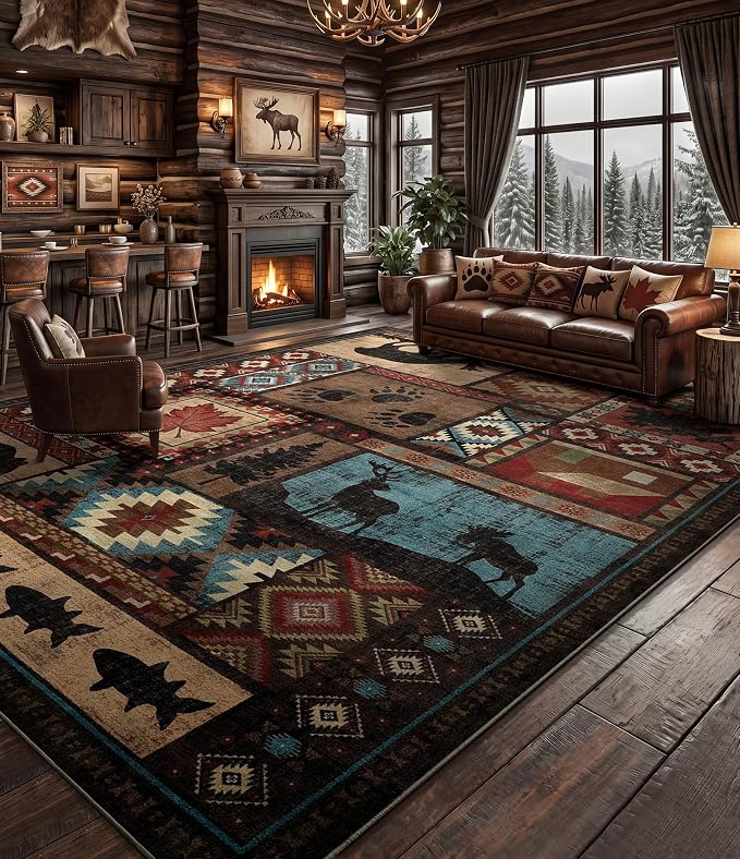 YIHOUSE Rustic Cabin Rugs for Living Room 10x14, Wildlife Bear & Deer Area Rug, Washable Southwestern Lodge Large Area Rug