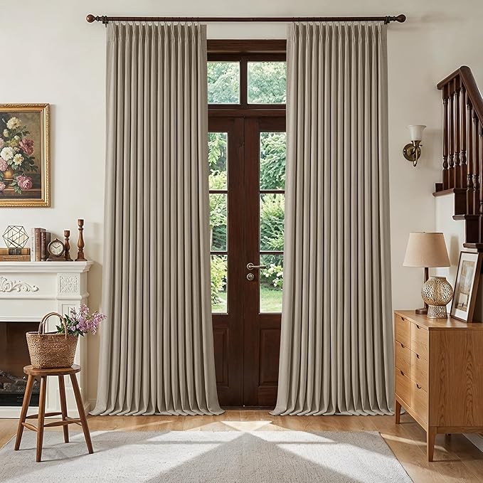 Viral Pleated Blackout Dark Flax 120 Inch Long Curtains Neutral Pinch Pleated Taupe Greige Linen Double Layer 100% Black Out Curtains Soundproof Cottagecore 120 Inch Window Drapes 2 Panels Set