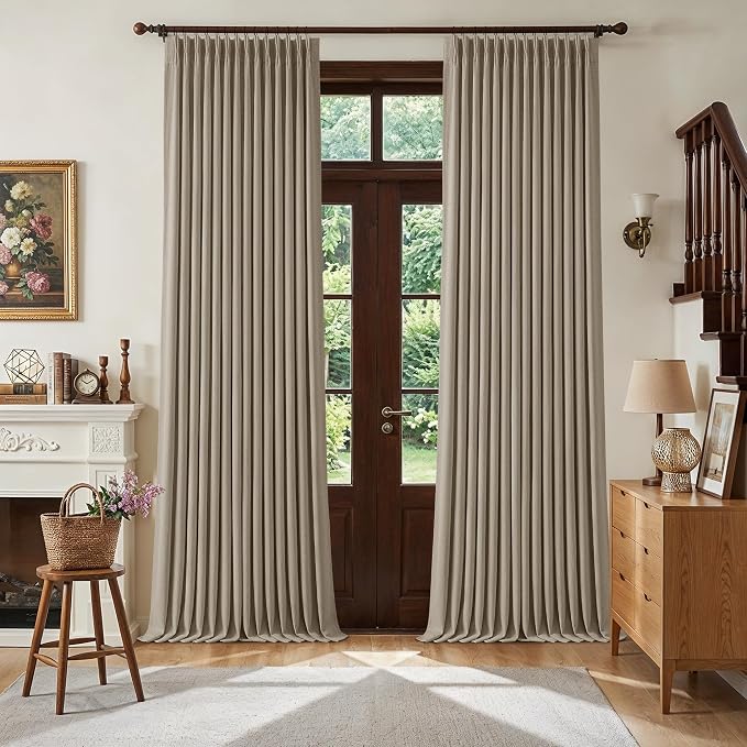 Deep Flax Linen Pinch Pleated 100% Blackout Curtains 92 Inch Length 2 Panels Set Greige Light Taupe Pinch Pleat Curtains Black Out Blocking Room Darkening Drapes for Bedroom Living Room Window