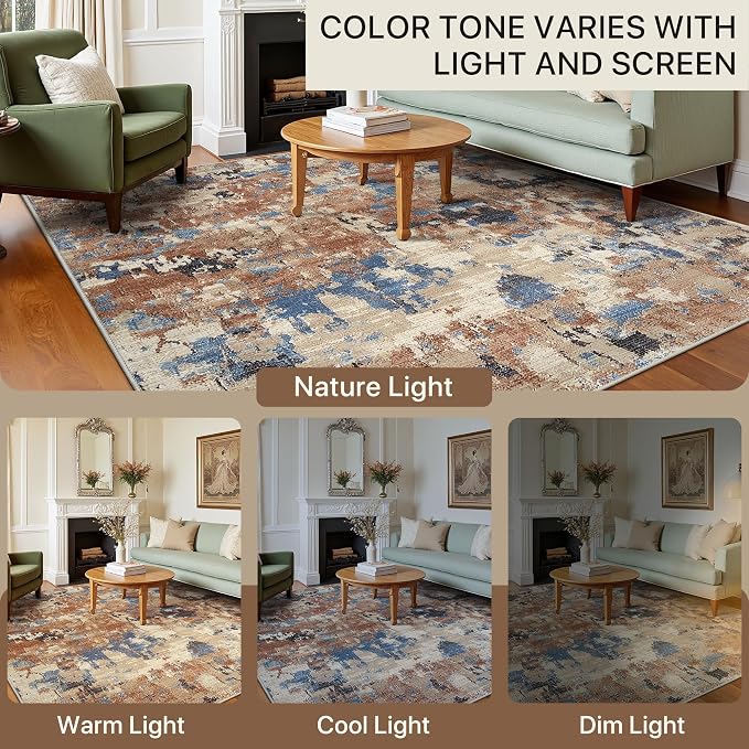BEIMO Area Rugs 8x10 for Living Room Bedroom, Modern Abstract Machine Washable Rug, Large Soft Low Pile Floor Carpet with Non Slip Backing for Dining Room, Desert Blue Beige