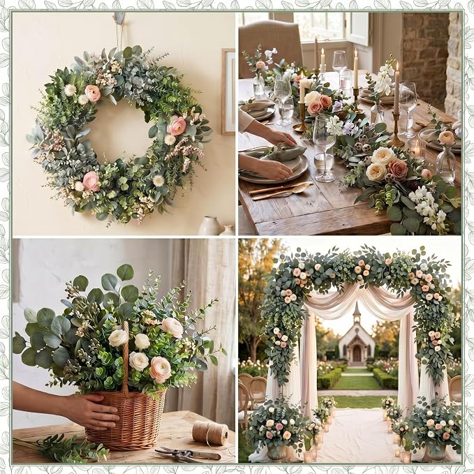 30 Pcs 6 Kinds Mixed Eucalyptus Leaves Stems Bulk Artificial Greenery Plants Fake Silver Dollar Eucalyptus Bundle Faux Plants Greenery for DIY Bouquets Floral Arrangement Wedding Engagement Decor
