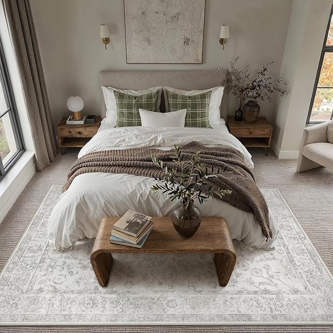 6x9 Grey Washable Area Rug for Living Room Bedroom Neutral Soft Floral Non Slip Large Throw Rug Lightweight Vintage Low Pile Distressed Carpet Office Playroom Dining Room Home Decor