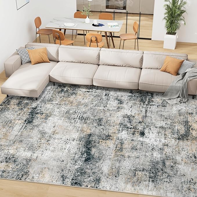 Washable Rug 6x9 Area Rugs: Soft Large Living Room Rug with Anti-Slip Backing Non-Shedding Stain-Resistant Modern Abstract Carpet for Bedroom Dining Room Nursery Home Office Black Grey Brown
