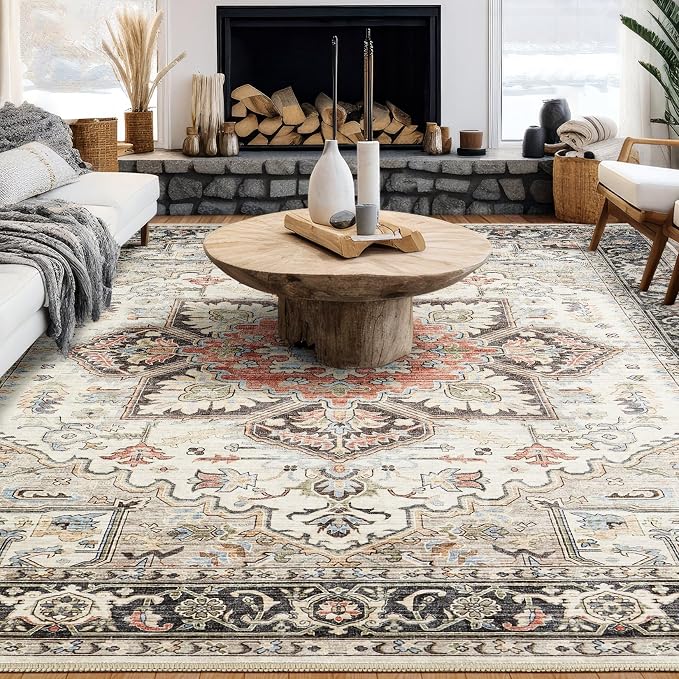 Area Rug for Living Room - 8x10 Soft Machine Washable Oriental Vintage Floral Distressed Large Indoor Floor Carpet for Bedroom Under Dining Table Home Office Decor - Multi Cream