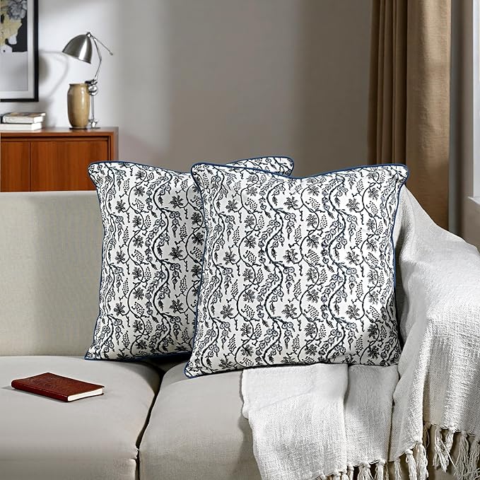Ridhi Block Print Baby Blue Eyes Pillow Cover 18" x 18" (Pack of 2) Decorative Couch Pillows for Living Room, Chic Boho Cute Outdoor Pillows Covers Gifts for Spring, Easter and Valentine