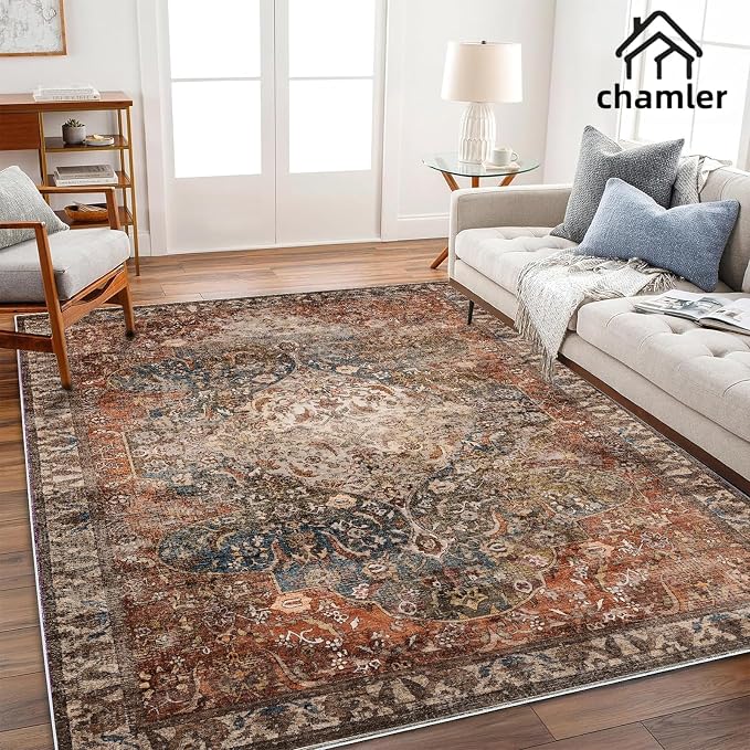chamler 8x10 Area Rug Washable Vintage Traditional Mat Distressed Indoor Foldable Thin Retro Accent Floral Non Slip Carpet Rugs for Living Room Dining Room Office