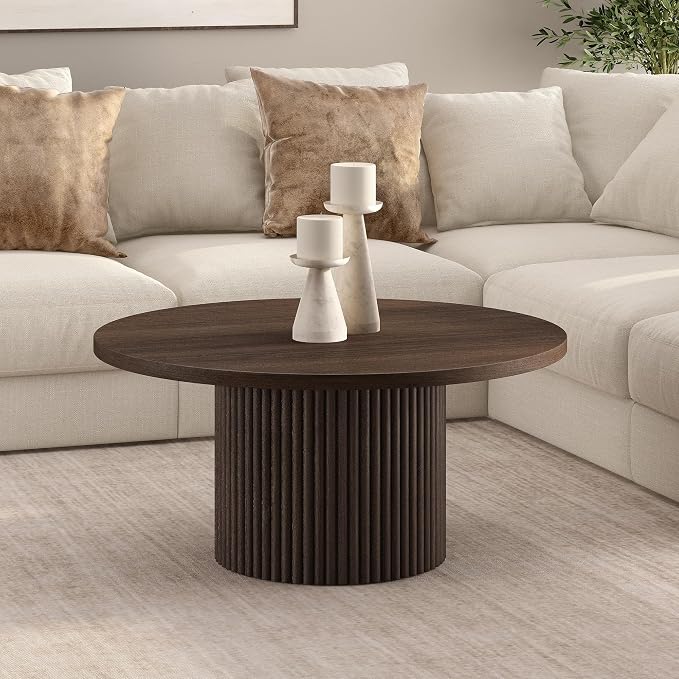 Henn&Hart 32" Fluted Round Pedestal Low-Profile Coffee Table for Living Room, Family Room, Office, or Apartment, Heritage Oak