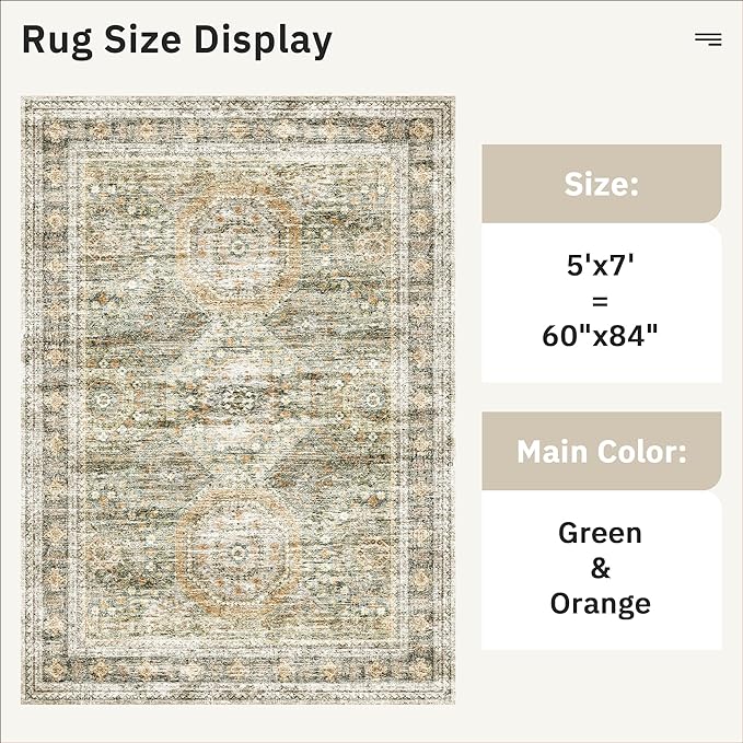 Soalmost 5x7 Area Rugs Green Orange Low Pile Indoor Washable Trendy Faded Style Rugs for Bedroom Living Room Dining Room Foldable Non-Slip Thin Print Mat