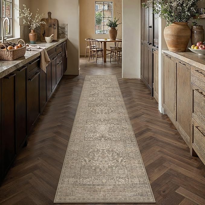 HUGEAR Hallway Runner Rugs 2x10 Light Brown Washable Rug Neutral Vintage Rug Carpet Distressed Soft Durable Non Slip No Shedding for Indoor Bedroom Kitchen Dining Nursery Laundry