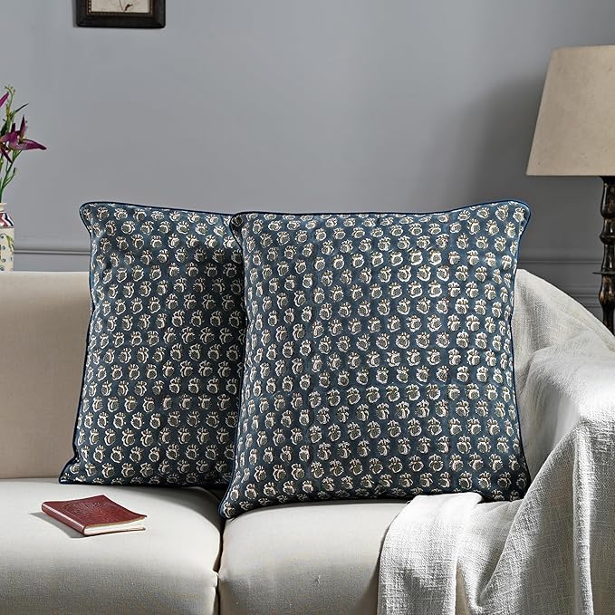 Ridhi Block Print Peacock Blue Pillow Cover 24" x 24" (Pack of 2) Decorative Couch Pillows for Living Room, Chic Boho Cute Outdoor Pillows Covers Gifts for Spring, Easter and Valentine
