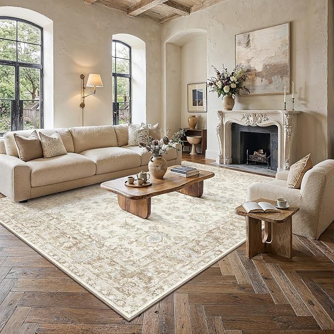 9x12 Neutral Area Rug for Living Room Bedroom Beige Floral Soft Non Slip Rug Low Pile Distressed Large Carpet for Dining Room Nursery Office Indoor