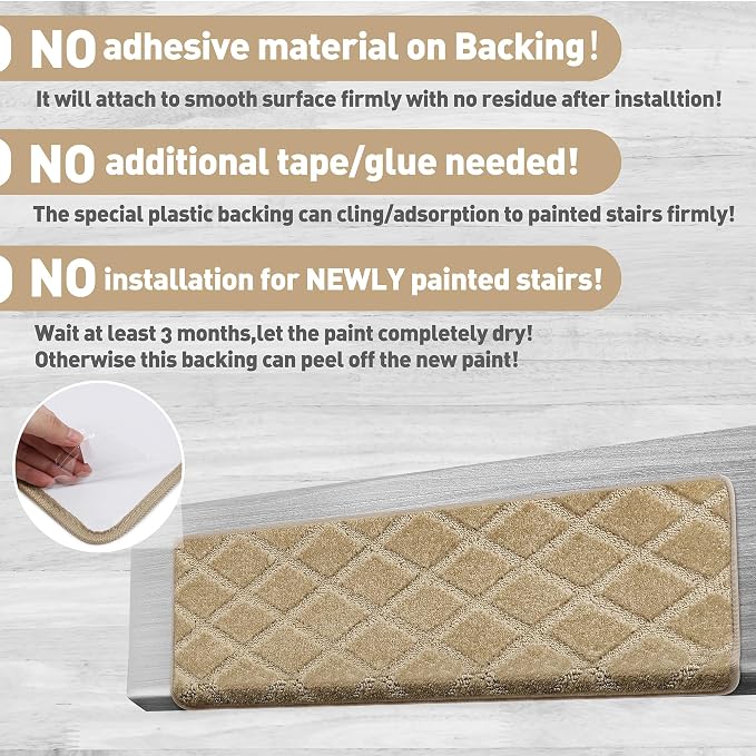 PURE ERA Bullnose Carpet Stair Treads Set Tape Free Non-Slip Indoor Stair Protectors Pet Friendly Rugs 9.5" x 30"(14 Pieces,Khaki Diamond Trellis)
