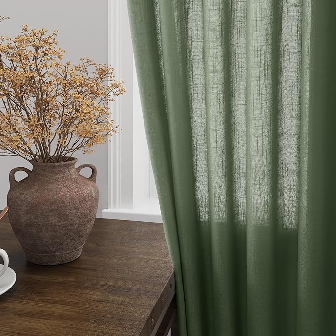 140 Inch Extra Long Curtain for Floor to Ceiling High Window Olive Green Linen Back Tab Curtains for Living Room Filtered and Breathable Semi Sheer Drapes Modern Farmhouse Boho Decor 52x140,2PCS