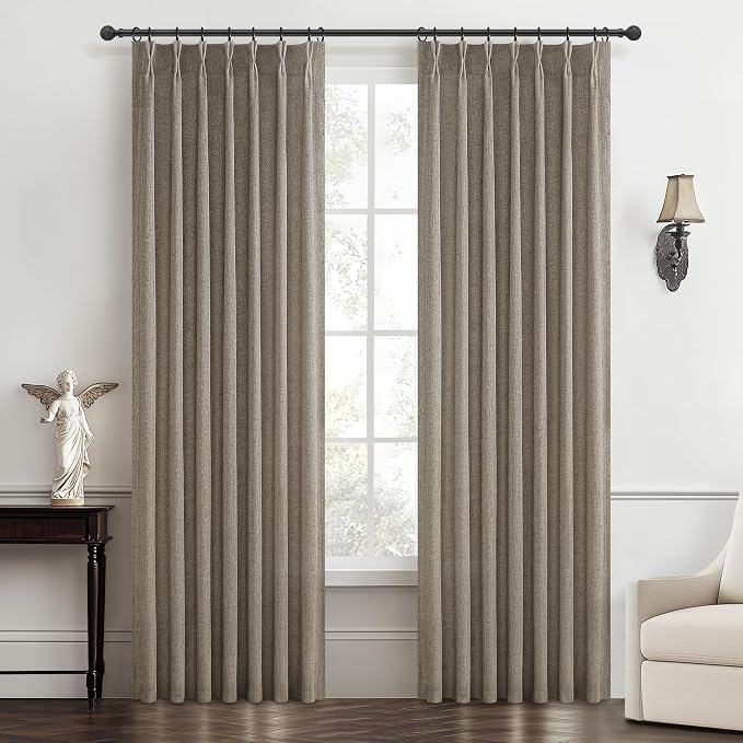 Memory Shape Pinch Pleated 86 Inch Curtains 2 Panels Set for Living Room, Dark Flax Natural Linen Semi Sheer Light Filtering Privacy Sliding Glass Door Boho Viral Window Curtain 40"W x 86"L Brown Burg