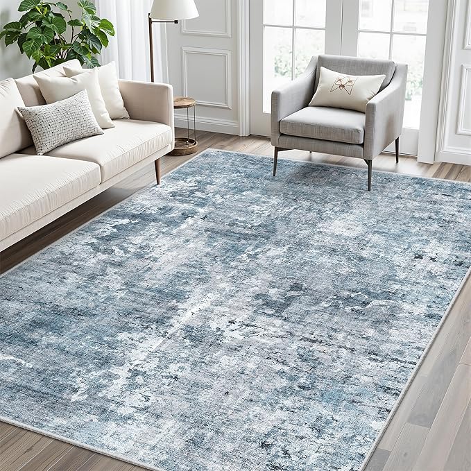 Soalmost Area Rug 6x9 Abstract Rugs for Living Room 6 x 9 Washable Rugs Blue Non Slip Low Pile Rugs for Bedroom Dining Room Foldable Thin