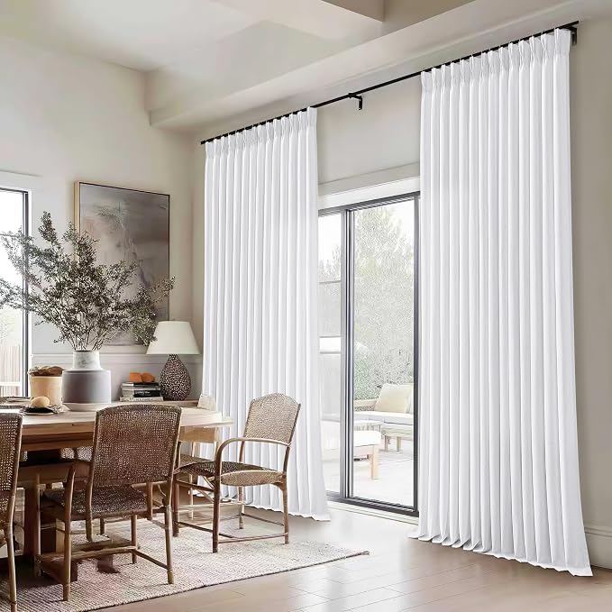 White Extra Wide Pinch Pleat Linen Curtains 120 Inches Long for Living Room Sliding Glass Door 70 Inch Wide Curtain Memory Trained Pleated Drape with Hooks Rings 70x120Large Window Curtain