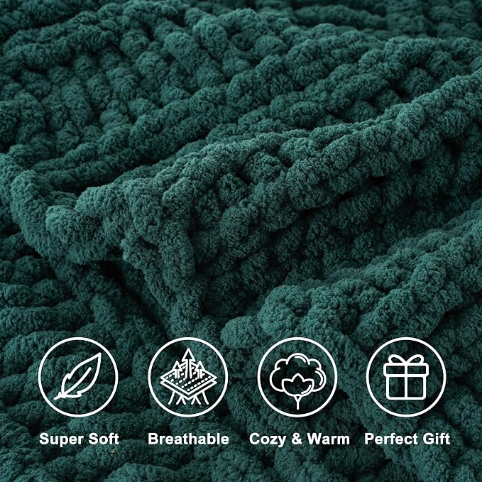 Battilo Chunky Knit Throw Blanket for Couch, Christmas, 50"x60", Dark Green | Hand Knit, Gift Blanket for Christmas Decor, Cozy Warm Thick Soft Chenille Throw Blanket for Bed, Sofa, Chair, Living Room