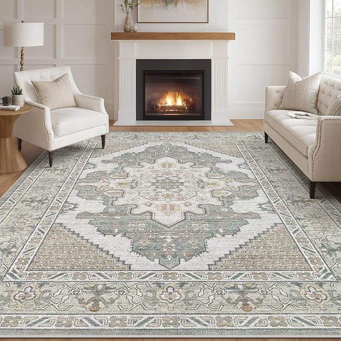 Tortania Area Rug Living Room Rugs - 10x14 Washable Boho Rug Vintage Oriental Distressed Farmhouse Large Thin Indoor Carpet for Living Room Bedroom Under Dining Table Home Office - Sage Green