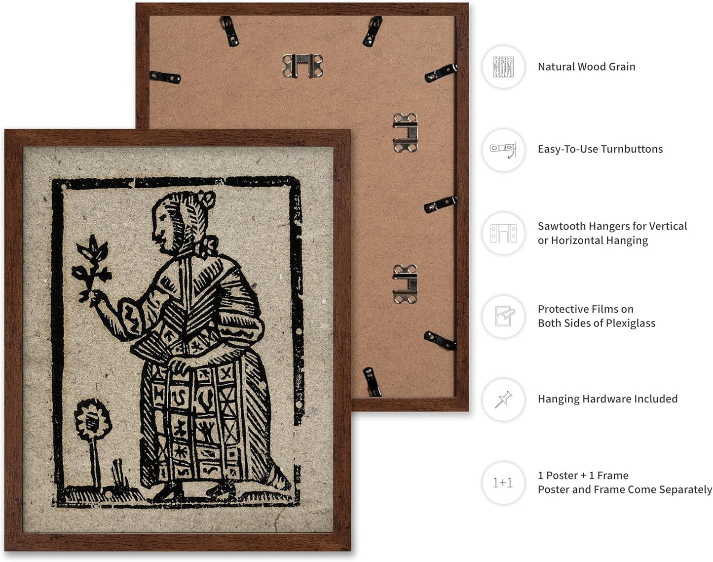 Poster Master Vintage Woodcut Poster - Retro Medieval Print - Gift for Gothic, Horror Fan - Witch Holding a Plant, Magic, Spell, Herbalist - Wall Decor for Bedroom, Dorm, 8x10 Brown Framed