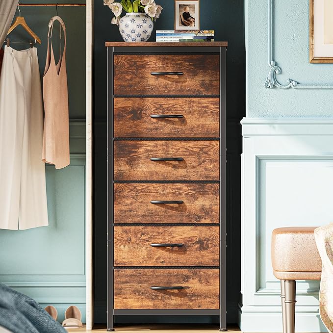 Huuger 43.3 Inch Tall Dresse for Bedroom, 6 Drawer Dresser & Chests of Drawers, Fabric Dresser for Closet, Bedroom, Night Stand, End Table with Metal Frame, Storage Tower, Rustic Brown