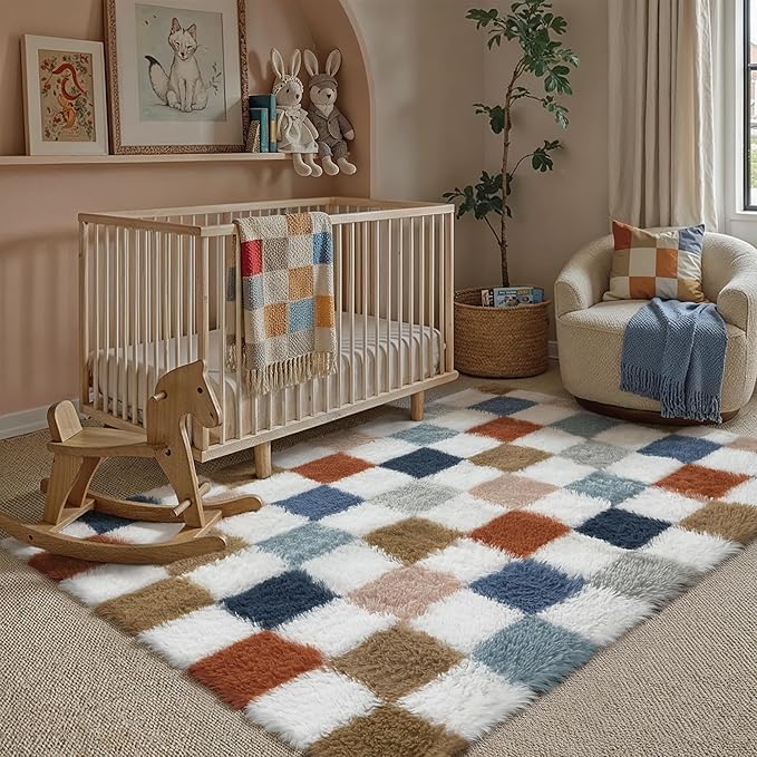 PureCozy Checkered Rug 3x5 for Living Room, Modern Rainbow Shag Rug Super Soft Washable Indoor Fuzzy Carpet Non-Slip Fluffy Rugs for Bedroom Home Aesthetic Decor