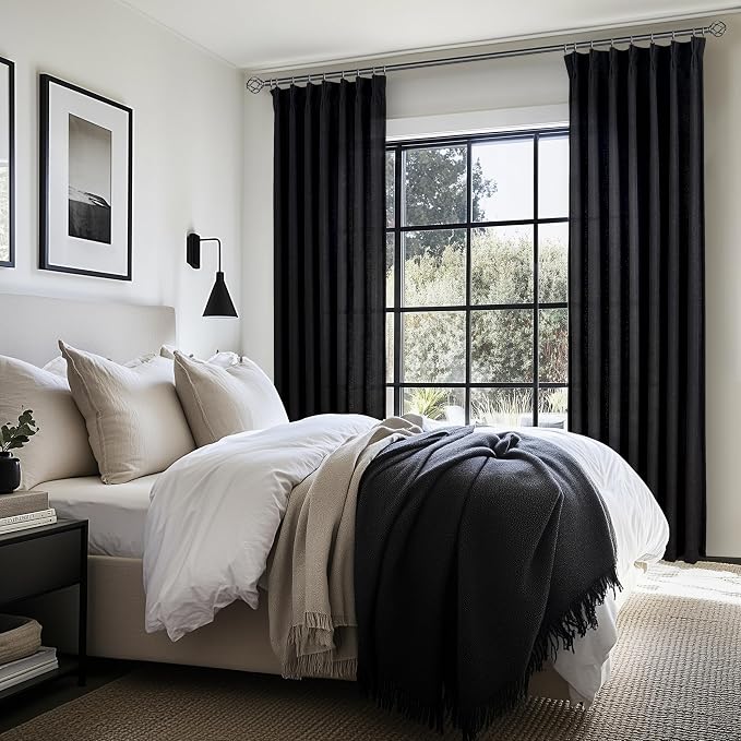 PleatedDrapes Light Filtering Black Linen 90 Inch Curtains for Sliding Glass Doors, Pinch Pleat Semi Sheer Nursery/Kids Room Curtain Decorative Privacy Back Tab Ceiling Track Window Drapes 7-1/2 FT