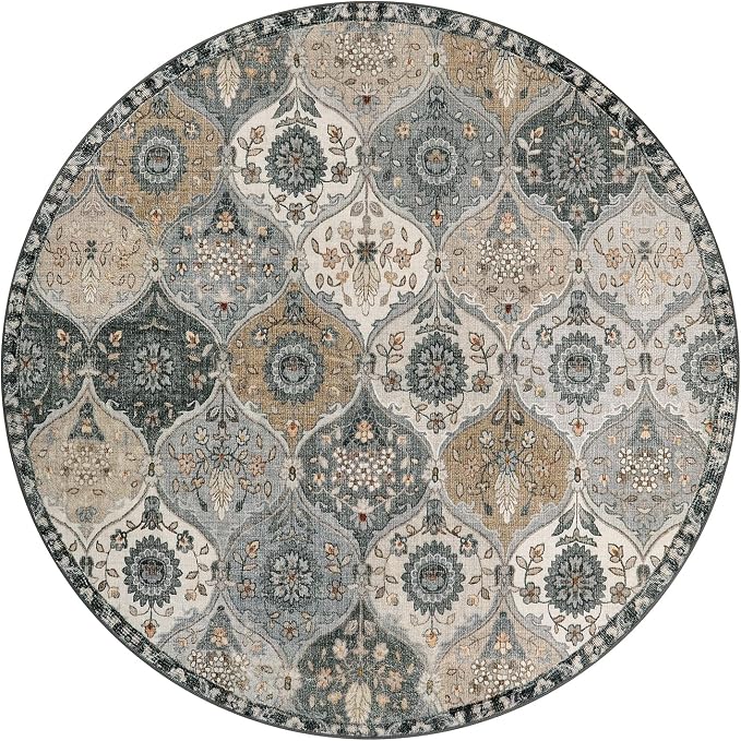 Lahome Moroccan Washable Round Rug 5ft, Soft Vintage Circle Rug for Dining Room Office Bedroom Bathroom Entryway, Distress Non Slip Low Pile Stain Resistant Accent Rug Elise, Grey