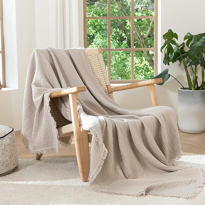 MooMee Muslin Blanket - 100% Cotton 4-Layer Gauze Throw Blanket with All-Around Fringe, Soft Breathable Lightweight Cooling Summer Blankets for Bed Couch (Cream Grey,Throw 60" x 50")